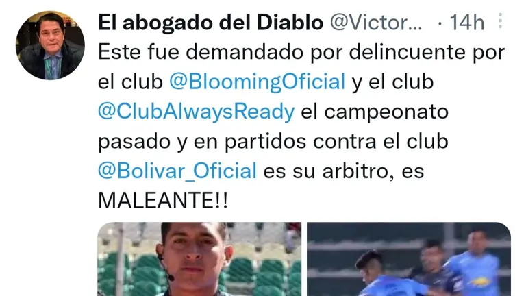 Mensaje de Victor Hugo Perez en Twitter en contra del arbitraje de Jordy Alem&aacute;n