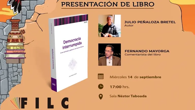 Arte promocional de la presentaci&oacute;n de libro Democracia interrumpida