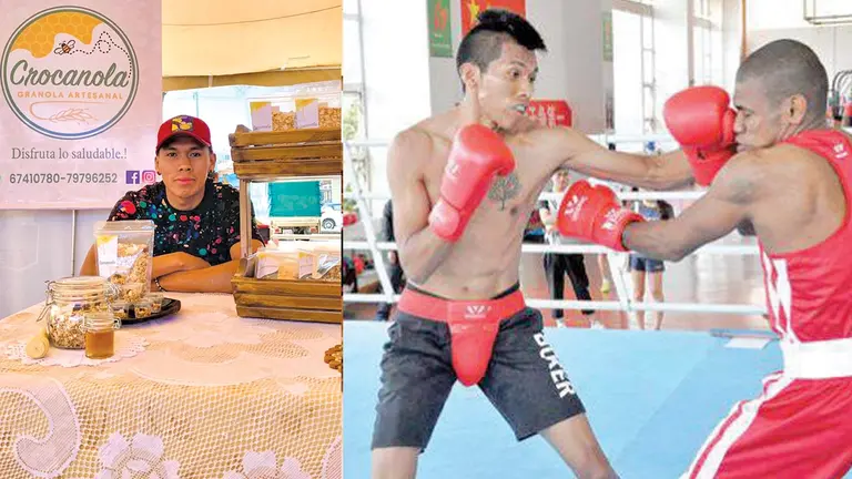 Sergio Alcocer, con sus productos de granola. Del otro lado, el boxeador en una pelea.  GENTILEZA SERGIO ALCOCER