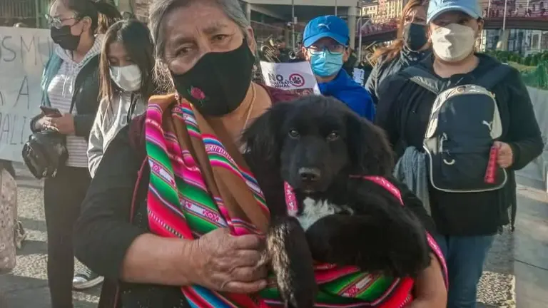 Una mujer junto a su can, en la masiva marcha que se llev&oacute; adelante en La Paz, en memoria por 45 perros asesinados de Villa Ingenio. COMANDO DEPARTAMENTAL DE LA POLIC&Iacute;A