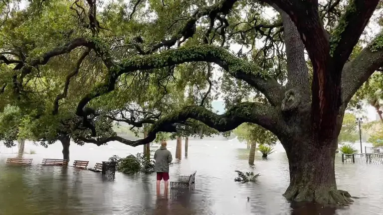 Fotografía de archivo de un hombre que camina cerca de los bancos de un parque cerca del lago Eola en un centro inundado tras el paso del huracán Ian, en Orlando, Florida. EFE