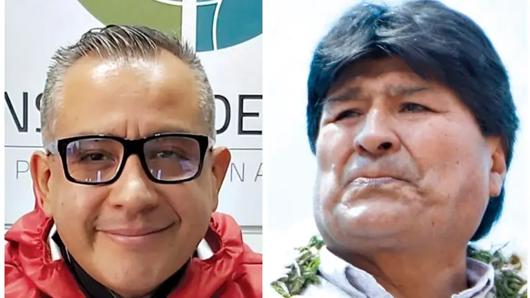 El exviceministro de R&eacute;gimen Interior Nelson Cox y el expresidente Evo Morales. APG