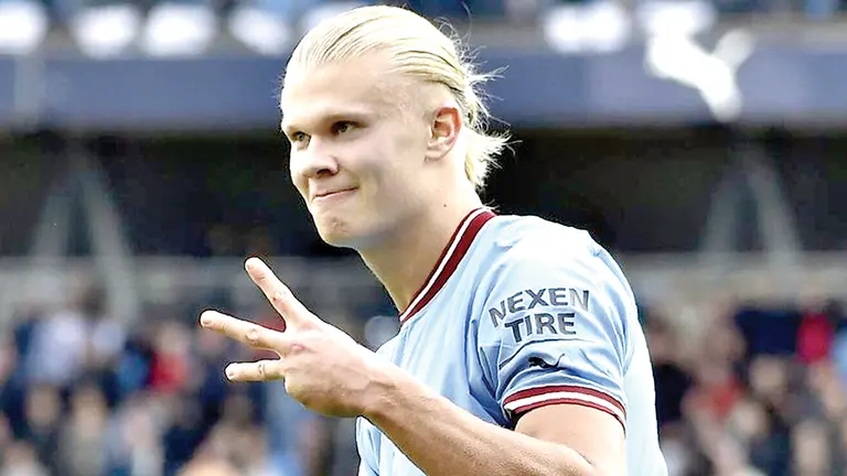 El delantero noruego Erling Haaland festeja una conquista con el Manchester City en un cotejo anterior. MARCA.COM