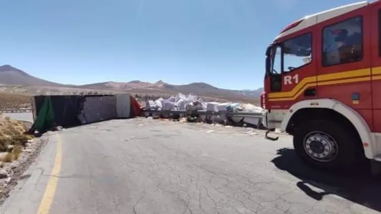El cami&oacute;n, conducido por un boliviano, en la ruta en el kil&oacute;metro 92 de la Ruta 15-CH  del tramo Iquique - Colchane. RED ALERTA TARAPAC&Aacute;