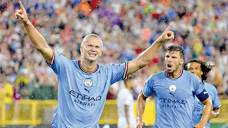 El delantero noruego Erling Haaland festeja una conquista con Manchester City en un partido anterior. GOL CARACOL