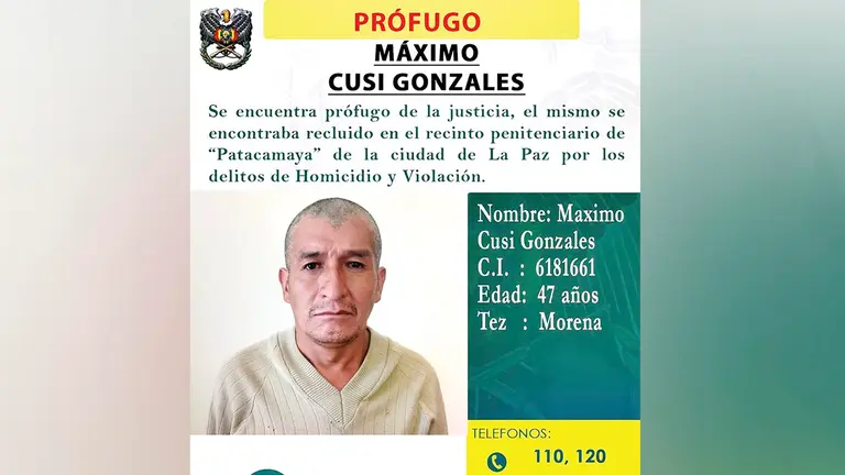 Policía socializa fotografía del reo que fugó del penal de Patacamaya. POLICÍA BOLIVIANA