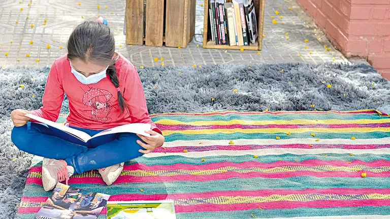 Una ni&ntilde;a lee un libro prestado de la biblioteca m&oacute;vil. MICROS PARA AVANZAR
