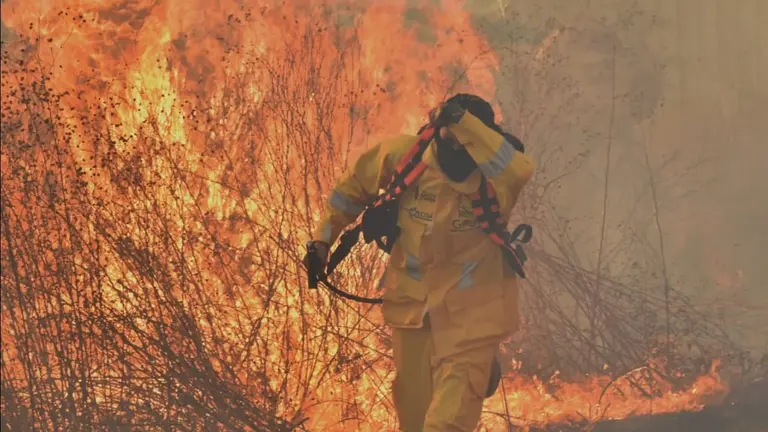 Un bombero del SAR-Bolivia combate el fuego en el Parque Tunari. NO&Eacute; PORTUGAL