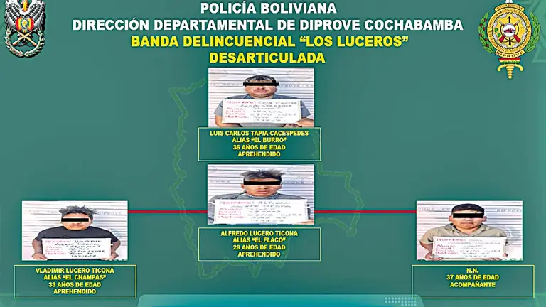 La banda de auteros que operaba en Cochabamba. DIPROVE