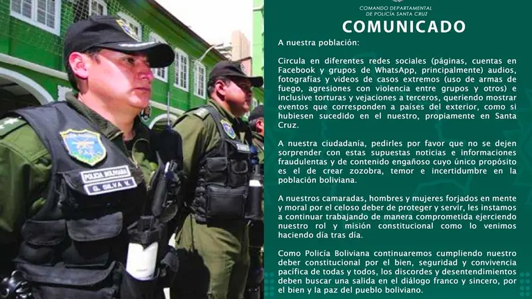 Polic&iacute;a Boliviana lanza comunicado sobre videos enga&ntilde;osos que circulan en redes. ARCHIVO/RRSS