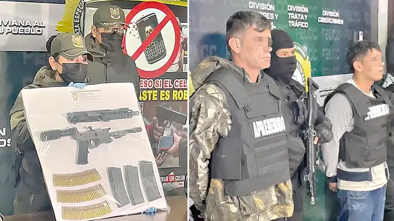 Polic&iacute;a exhibe arma secuestrada y presenta a dos detenidos. POLIC&Iacute;A