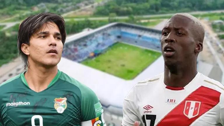 Marcelo Martins, referente de Bolivia (i), y Luis Adv&iacute;ncula, uno de los jugadores internacionales de Per&uacute;. De fondo, el estadio de Villa Tunari. FOTO COMPUESTA POR OPINI&Oacute;N
