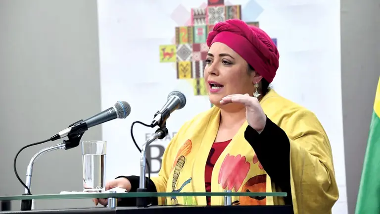 La ministra de la Presidencia, María Nela Prada, en conferencia de prensa. ABI