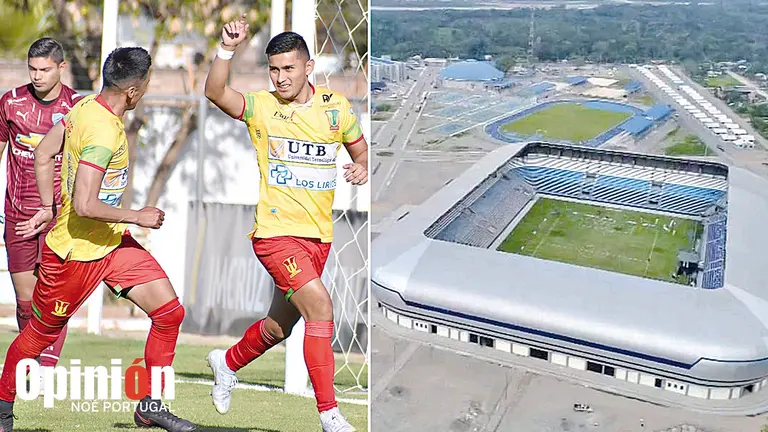 Imagen de un festejo de los jugadores de Palmaflor y el estadio de Villa Tunari. NO&Eacute; PORTUGAL