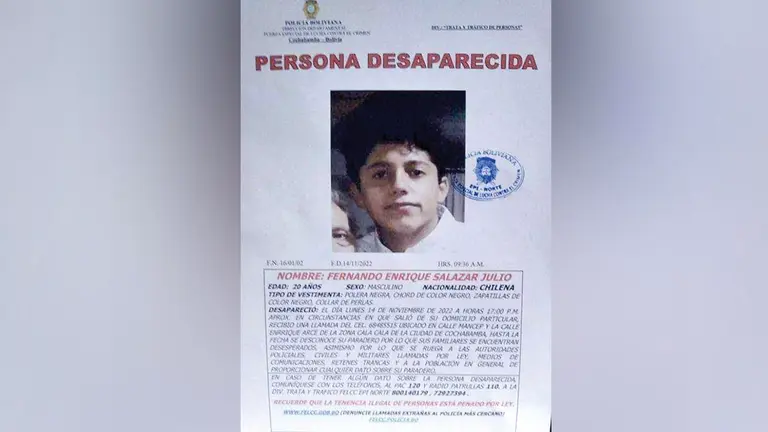 Cartel que reporta la desaparición de Fernando Salazar, joven de nacionalidad chilena. REDES SOCIALES