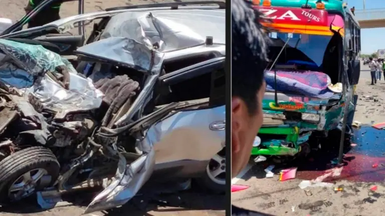 As&iacute; quedaron el microb&uacute;s (der) y la vagoneta (izq) con placa chilena que protagonizaron un fatal accidente, en la ruta al Valle Alto. CORTES&Iacute;A 