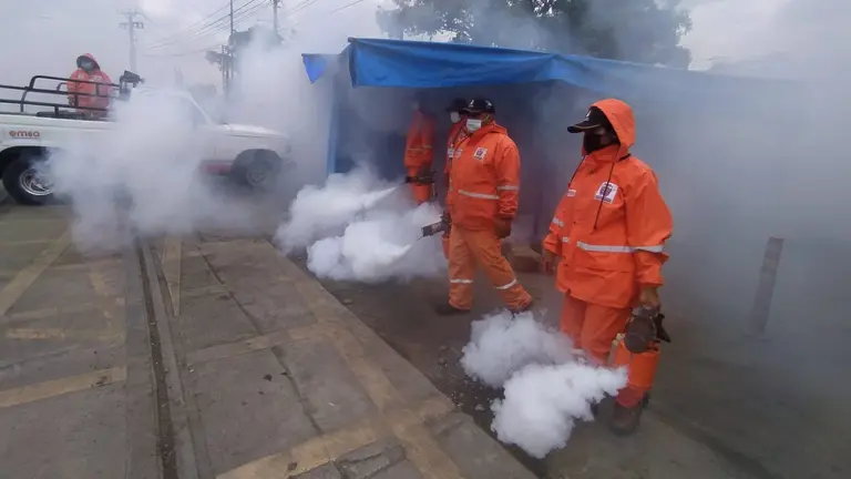 La fumigaci&oacute;n en el sector de la Feria Navide&ntilde;a, este s&aacute;bado. DICO SOL&Iacute;S