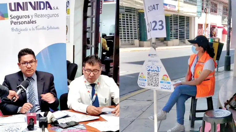 El gerente general de Univida S.A., Larry Omar Fernández Palma, y un punto de venta del SOAT. UNIVIDA
