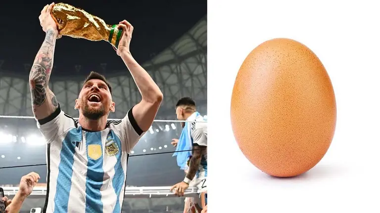 Leo Messi levantando la Copa del Mundo (i). La famosa foto del huevo (d). INSTAGRAM