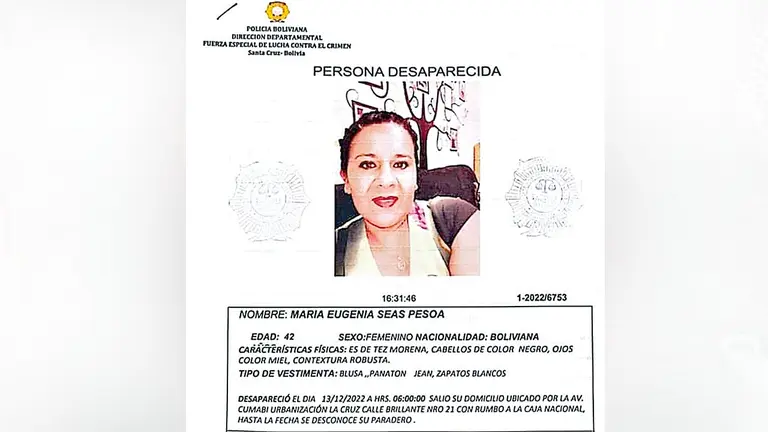 Afiche que reporta la desaparici&oacute;n de Mar&iacute;a Eugenia. POLIC&Iacute;A