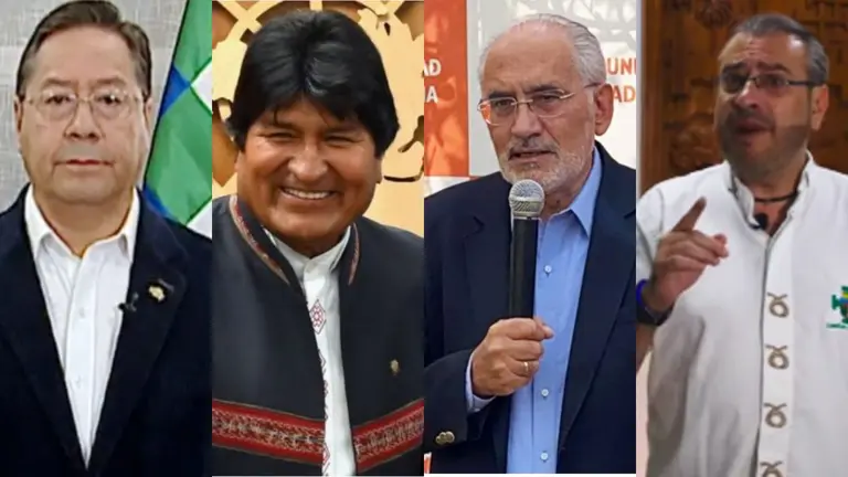El presidente Luis Arce, Evo Morales, Carlos Mesa y R&oacute;mulo Calvo.