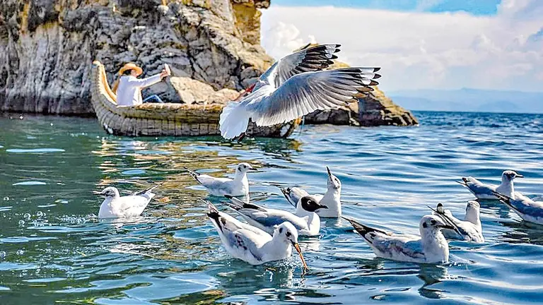 Un turista pasea en una barcaza en el lago Titicaca. DICO SOLÍS