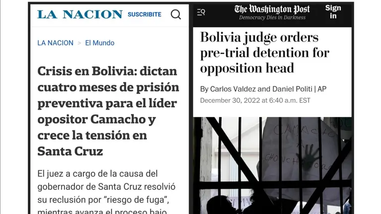 Titulares del diario argentino La Naci&oacute;n (izq) y el norteamericano The Washington Post (der). COMPOSICI&Oacute;N OPINI&Oacute;N