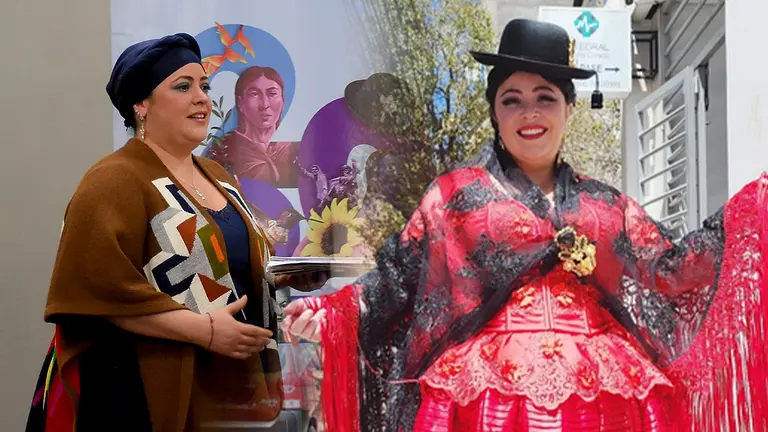 Ministra Prada cambia el turbante por la pollera y se prepara para el Gran Poder./ COMPOSICI&Oacute;N OPINI&Oacute;N