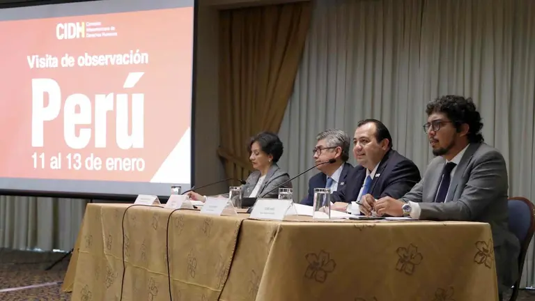 Fotografía tomada el pasado 13 de enero en la que se registró al vicepresidente de la CIDH y relator del organismo para Perú, Édgar Stuardo Ralón (2d), durante una rueda de prensa, en Lima. EFE