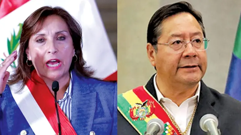 Del lado derecho, el presidente Luis Arce. Del otro, la dignataria de Perú, Dina Boluarte.               COMPOSICIÓN OPINIÓN