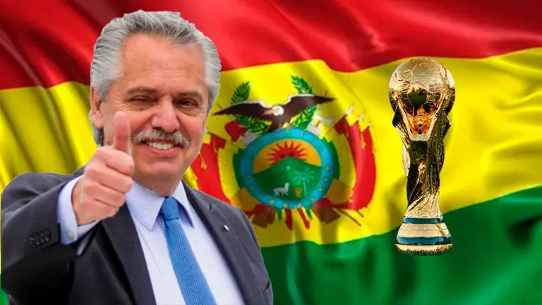 El presidente Alberto Fern&aacute;ndez en una imagen compuesta con una bandera de Bolivia y una copa del mundo. COMPOSICI&Oacute;N OPINI&Oacute;N