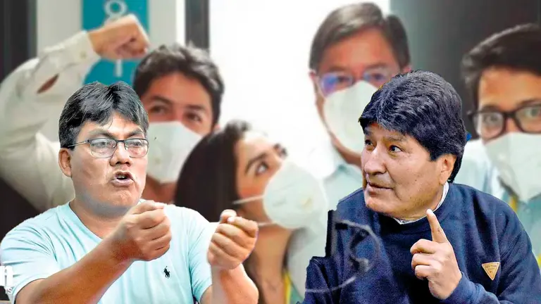El presidente Luis Arce junto a sus hijos, uno de ellos (i) Marcelo Arce en el fondo; H&eacute;ctor Arce y Evo Morales al frente. COMPOSICI&Oacute;N OPINI&Oacute;N