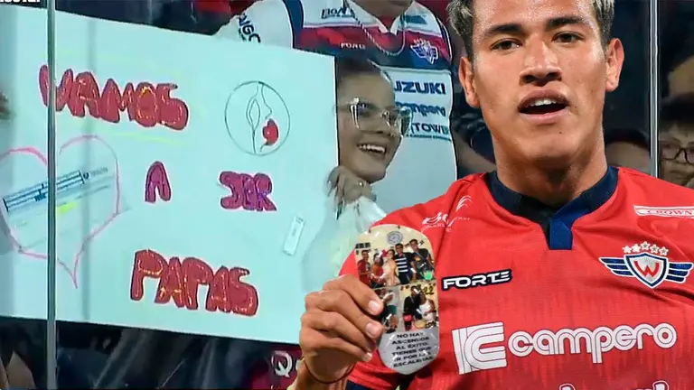 El jugador festejando el gol. Su esposa con una pancarta que le indicaba la noticia en tribunas. COMPOSICI&Oacute;N OPINI&Oacute;N