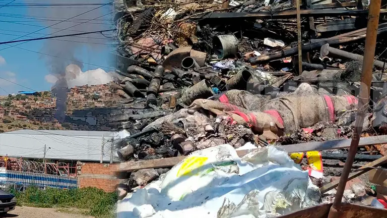Im&aacute;genes del incendio generado en una f&aacute;brica artesanal de la zona sur de Cochabamba, evento en el que un adulto mayor perdi&oacute; la vida. Composici&oacute;n OPINI&Oacute;N