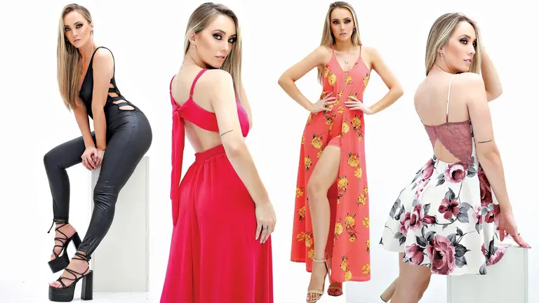Enterizo de cuero con escote en las costillas. Vestido largo en color sandía con escote profundo en V y pretina en la cintura.  Enterizo largo en color naranja con detalles de flores amarillas y vestido corto con escote de encaje en la espalda.    Ra&uacute;l Ram&iacute;rez