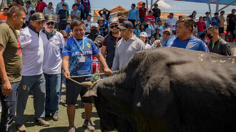 El toro, que fue otorgado al ganador del Interligas Manfred Reyes Villa. PRENSA DEPORTIVA GAMC