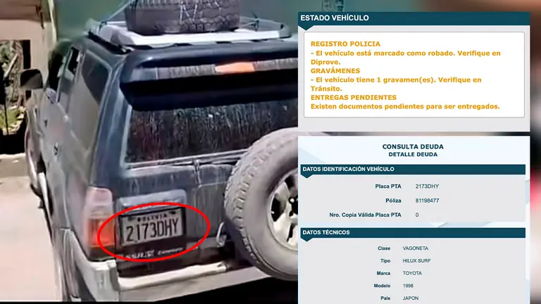 El veh&iacute;culo que era parte de la caravana que traslad&oacute; a Evo (i) una captura del registro del veh&iacute;culo en la p&aacute;gina del RUAT. COMPOSICI&Oacute;N OPINI&Oacute;N
