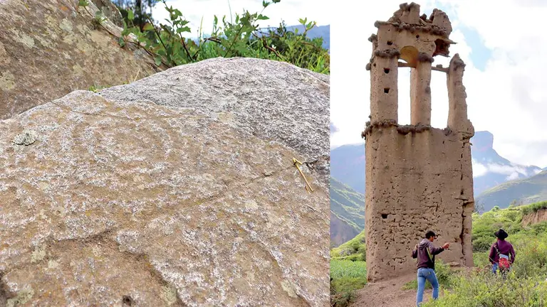 Petroglifos en la comunidad de Lampaya, en Morochata (i) y la torre de una iglesia colonial en Punacachi Bajo, Morochata (d). LUIS MAMANI