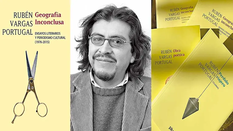 La portada de uno de los tomos de "Geograf&iacute;a inconclusa", El periodista cultural Rub&eacute;n Vargas Portugal., Todas los t&iacute;tulos literarios que se publicaron en memoria de Rub&eacute;n Vargas. CORTES&Iacute;A