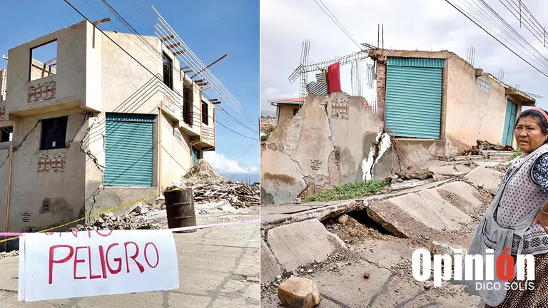 Una vivienda afectada, en 2022 (i) y la misma casa, m&aacute;s el asfalto elevado, este 20 de marzo (d). DICO SOL&Iacute;S