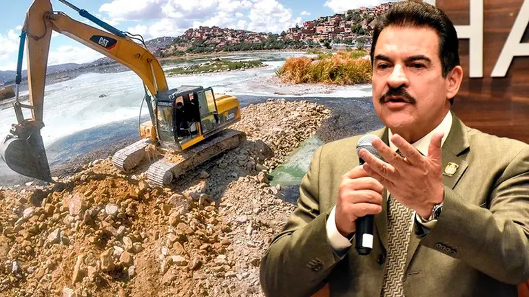 Trabajos realizados en la laguna Alalay (i) el alcalde Manfred Reyes Villa (d). COMPOSICI&Oacute;N OPINI&Oacute;N