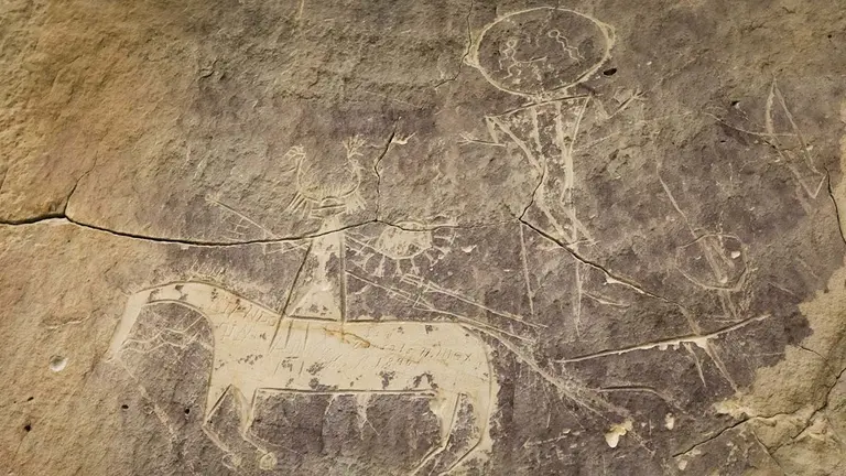 Petroglifo de caballo y jinete en el yacimiento de Tolar, en Wyoming (EE.UU), una representaci&oacute;n que fue probablemente tallada por ancestrales comanches o shoshone./ PAT DOARK