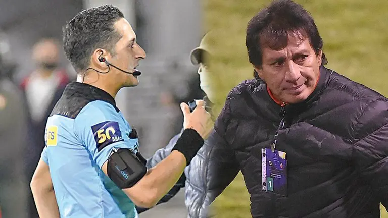 El juez Jordy Alem&aacute;n y el entrenador &Aacute;lvaro Pe&ntilde;a./ ARCHIVO