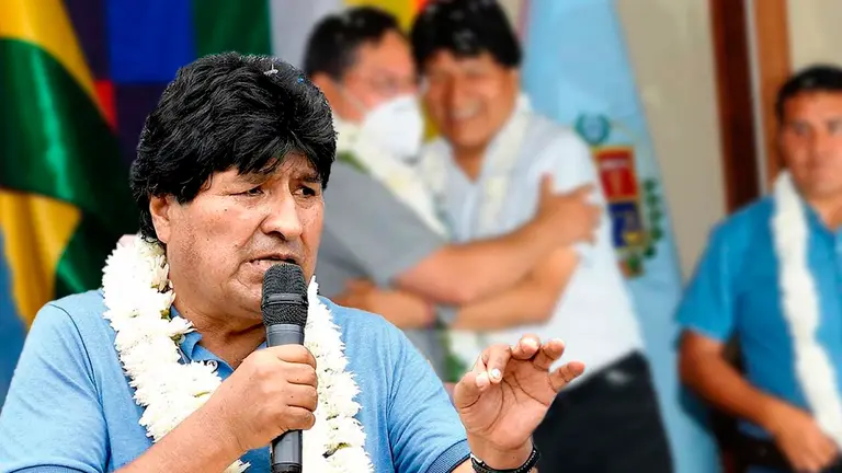 Evo Morales, l&iacute;der del Movimiento Al Socialismo. En el fondo el expresidente con el actual mandatario Luis Arce. COMPOSICI&Oacute;N OPINI&Oacute;N