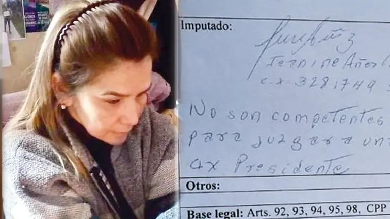 La expresidenta Jeanine &Aacute;&ntilde;ez y el documento en el que escribi&oacute; la frase./ TOMADA DE ERBOL