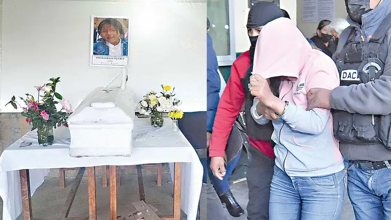 Velan el cuerpo de la niña Yhurayma en su escuela (i). Elizabeth Mamani, infanticida sentenciada./ FACEBOOK ESMERALDA CUSSI-APG