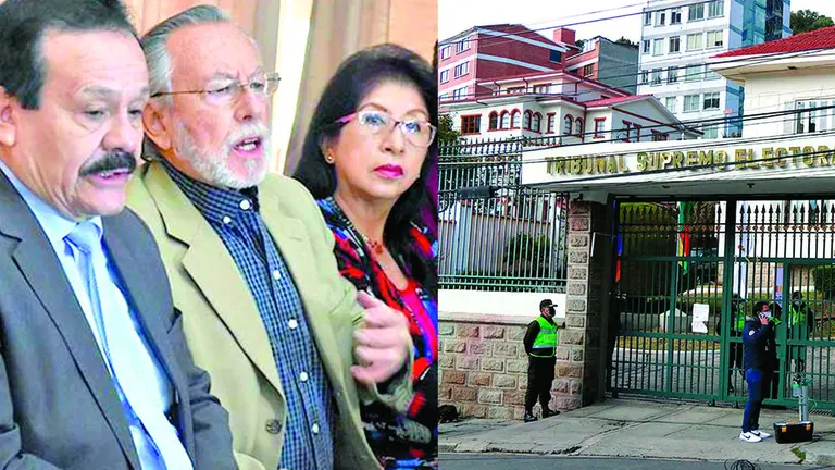 Juristas que impulsan una reforma a la justicia (i) y la fachada del TSE./ ABI