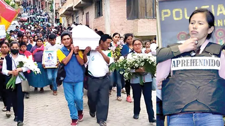 Despiden a la niña Yhurayma, asesinada por su tía (i). Elizabeth Mamani, infanticida sentenciada (d)./ REYBI FLORES-MINISTERIO DE GOBIERNO