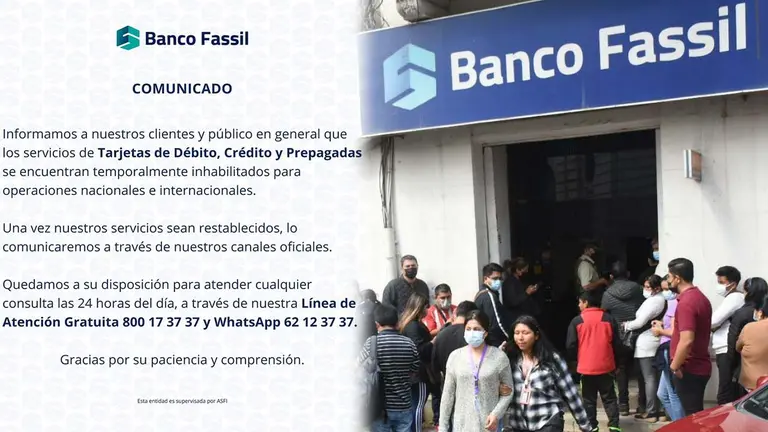 Comunicado de la entidad (i) y el frontis del banco en Cochabamba./ FACEBOOK Y DICO SOLIS