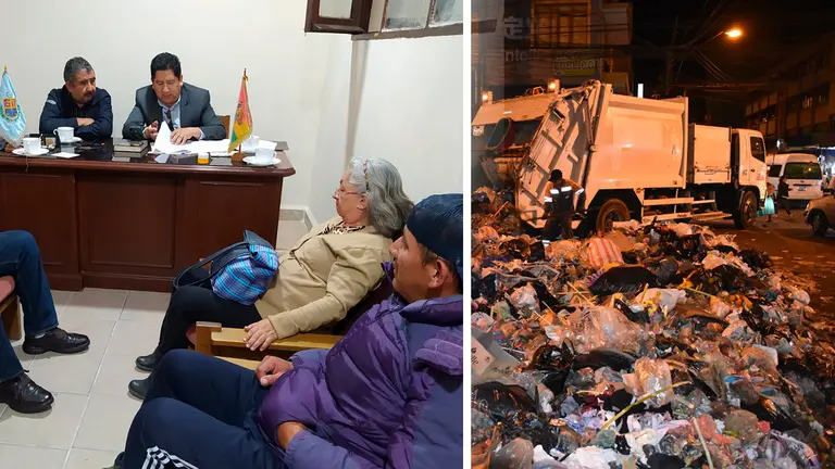 Carros basureros de EMSA retiran la basura acumulada en la ciudad (der)) y miembros del Comit&eacute; C&iacute;vico, durante la audiencia oral de la acci&oacute;n popular (izq).